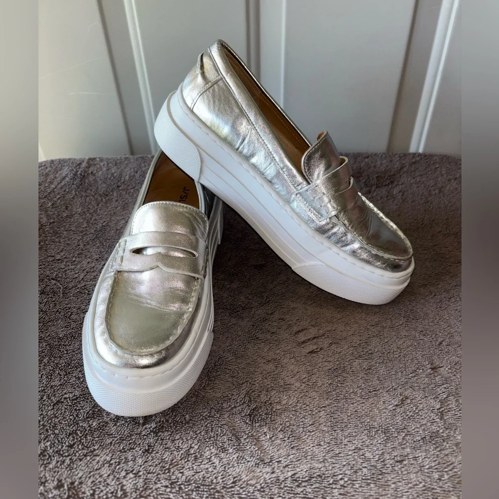 J/Slides Silver Metallic Platform Penny Loafers